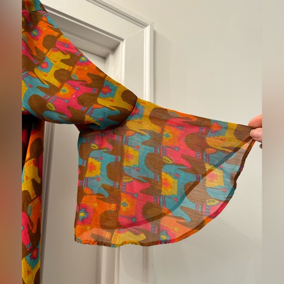 Colorful Elephant Print Women's Dress with Bow Back Flared Sleeves - Picture 3 of 3